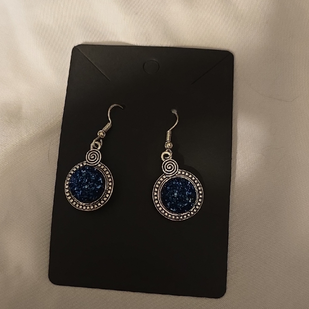Elegant Blue Silver Medallion Earrings